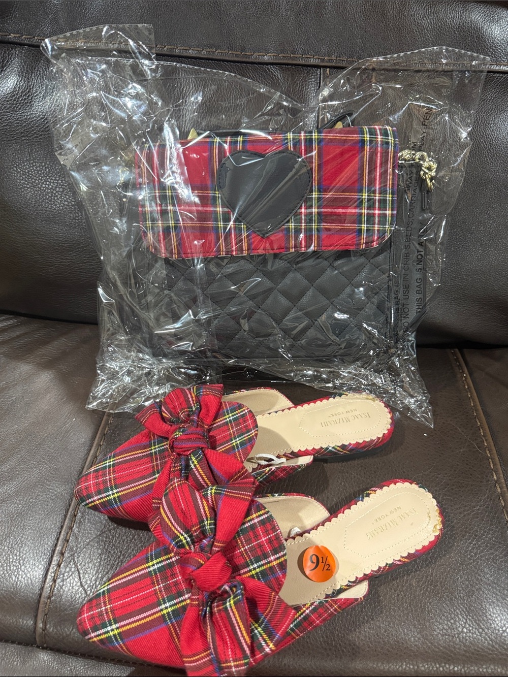 Red Plaid Bow Mules with Matching Quilted Crossbody Bag